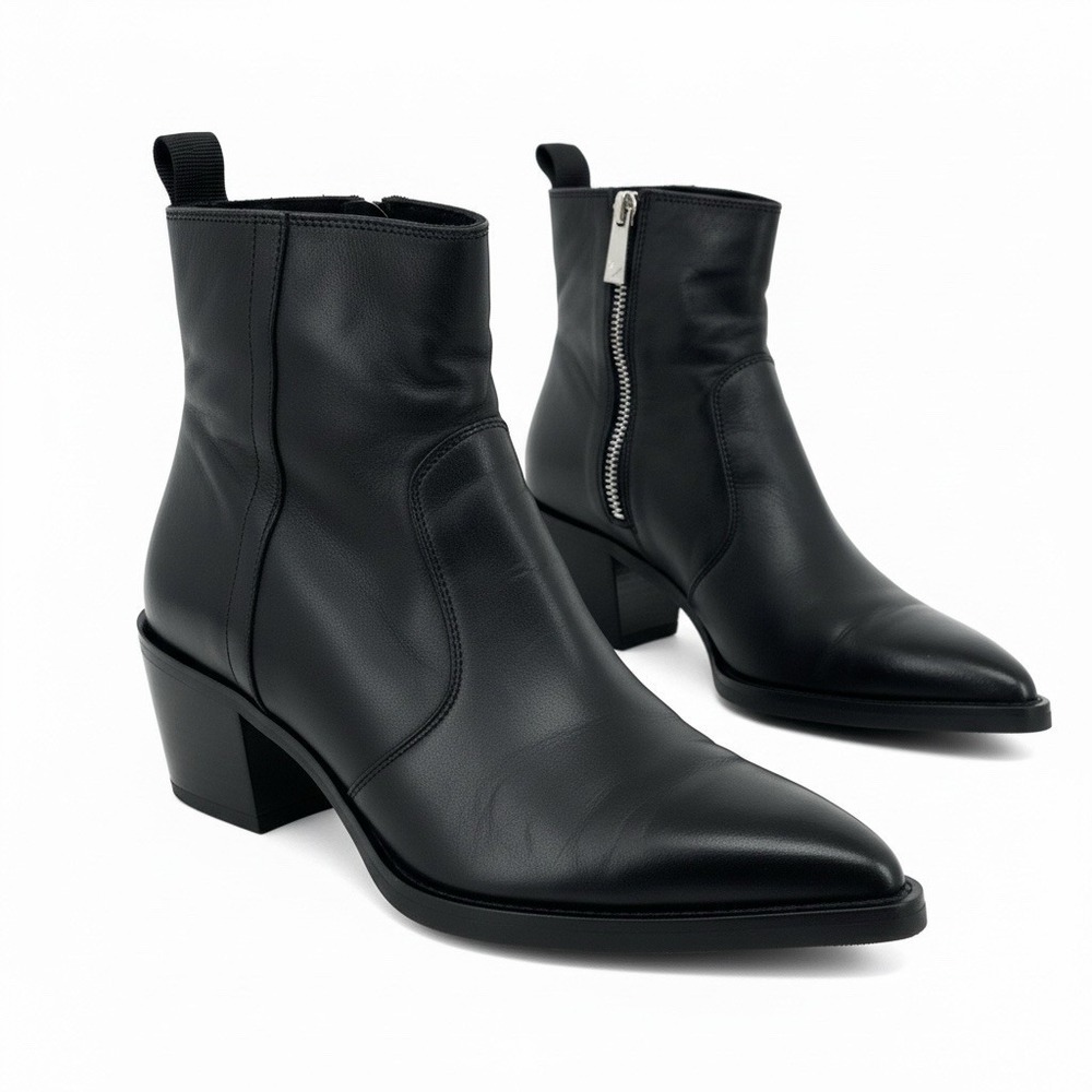 Zara Womens Black Leather Pointed Toe Block Heel Ankle Boots Size 37 Western Zip